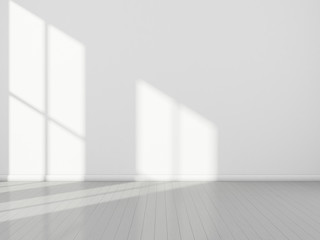 3D stimulate of white room interior and wood plank floor with sun light cast rhythm of shadow on the wall,Perspective of minimal design architecture