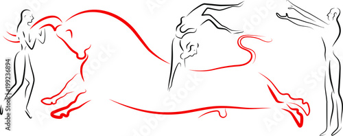 A linear jumping bull with people on a white background. Based on the fresco "game with the bulls" from the palace of Knossos of ancient Greece.