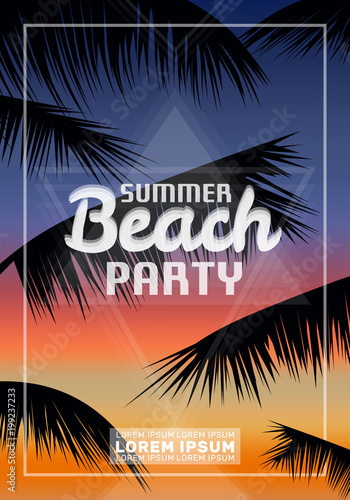 summer beach party poster design.palm leaves on sunset background