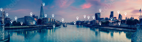 Photography London with flat map pins, network and connections concept.