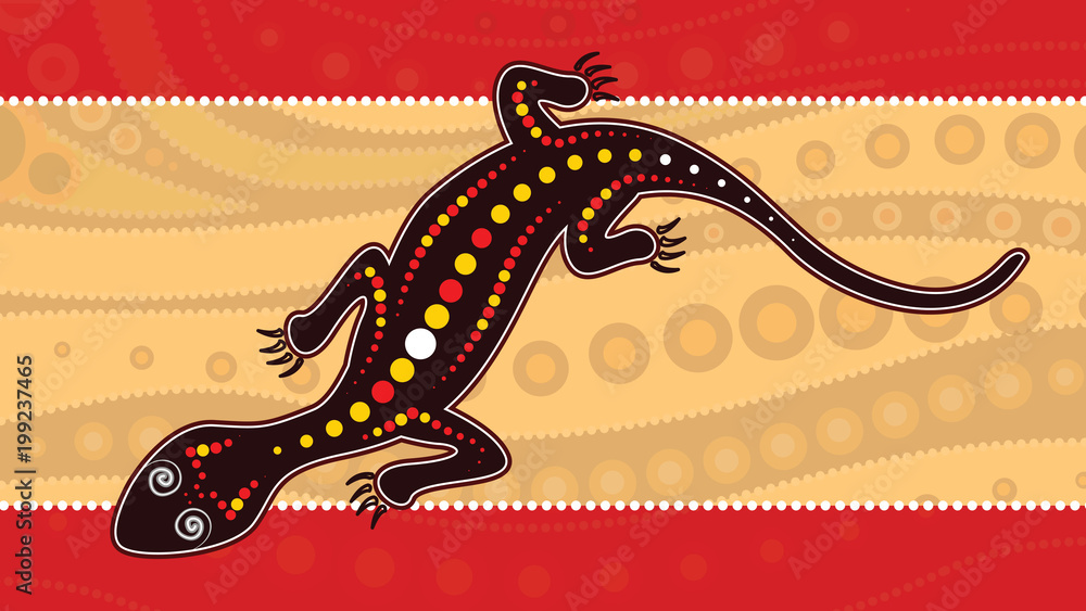 Naklejka premium Lizard vector, Aboriginal art background with lizard, Landscape Illustration based on aboriginal style of dot painting.
