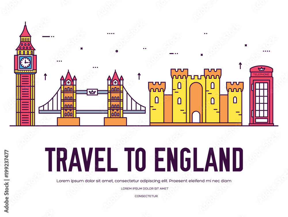 Country England travel vacation of place and feature. Set of architecture, item, nature background concept. Infographic traditional ethnic flat, outline, thin line icon
