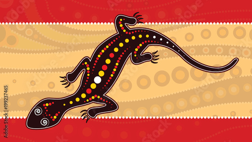 Lizard vector, Aboriginal art background with lizard, Landscape Illustration based on aboriginal style of dot painting.