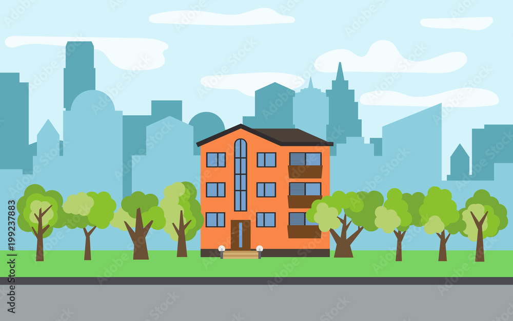 Vector city with three-story cartoon house and green trees in the sunny day. Summer urban landscape. Street view with cityscape on a background
