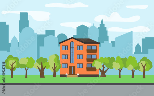 Vector city with three-story cartoon house and green trees in the sunny day. Summer urban landscape. Street view with cityscape on a background   © dniprodd