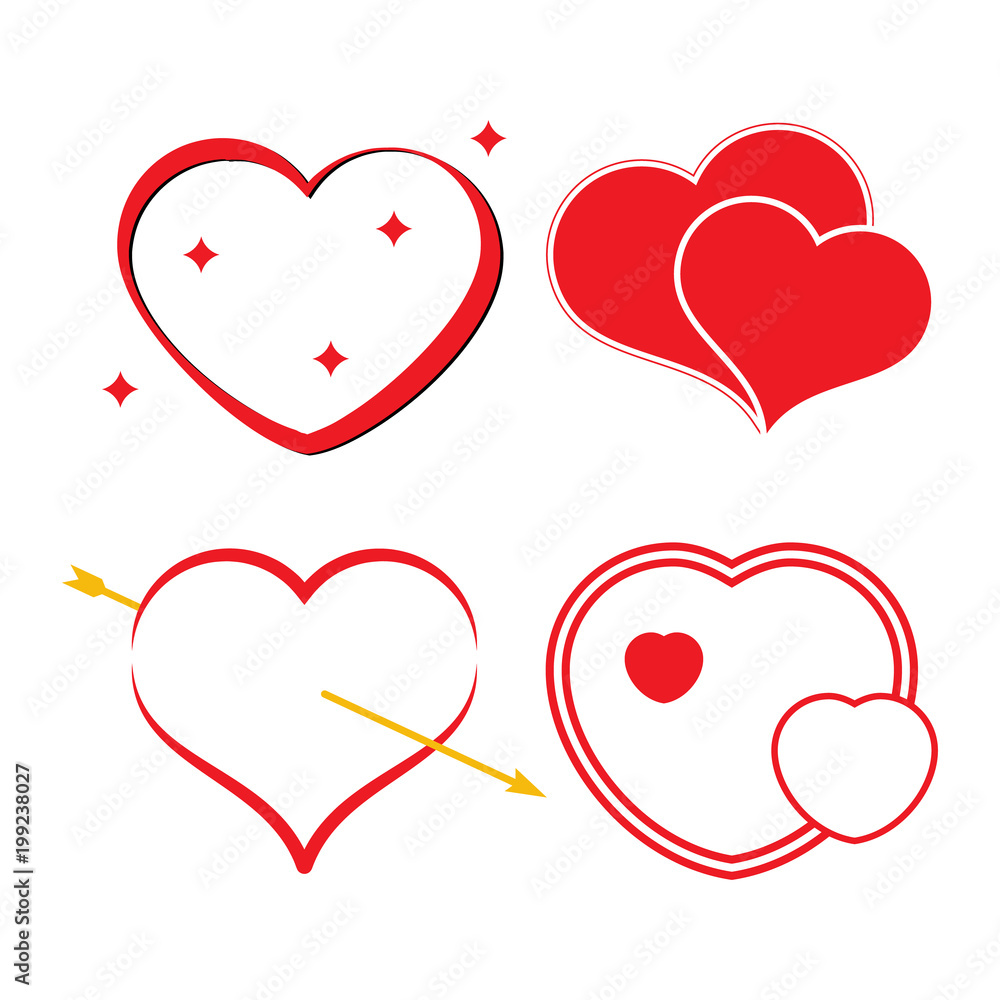 Set of four red hearts. Romantic love symbol of valentine day. Vector illustration
