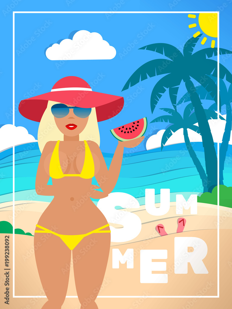 sexy woman with watermelon on tropical summer beach poster design
