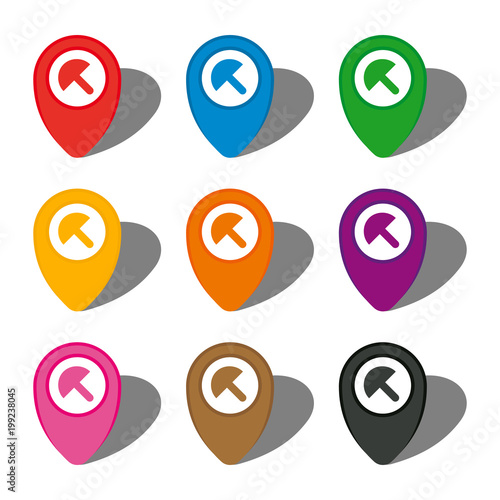 Set of nine colorful map pointers with beach umbrella sign in white circle and with shadow. Vector illustration 