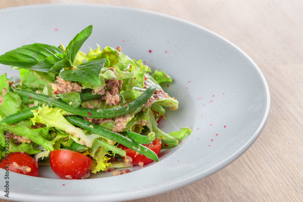 Canned tuna salad with cherry tomatoes, green beans and French mustard Canned tuna salad with cherry tomatoes, green beans and French mustard