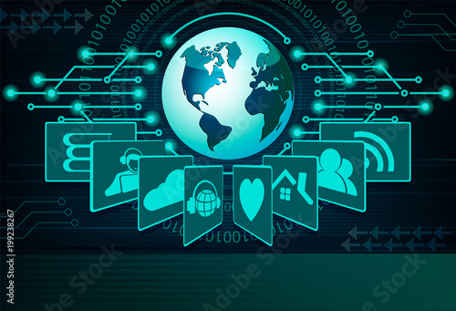 Blue design with the silhouette of the globe and symbols of social networks.