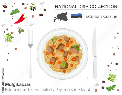 Estonia Cuisine. European national dish collection. Estonian pork stew isolated on white, infographic