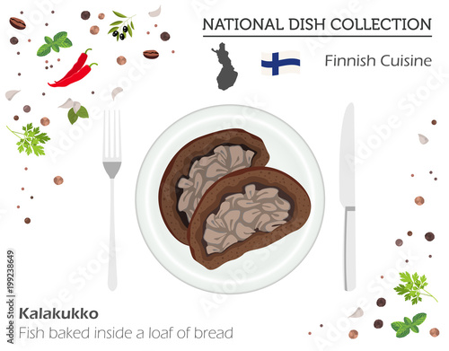 Finnish Cuisine. European national dish collection. Fish baked inside a loaf of bread  isolated on white, infographic