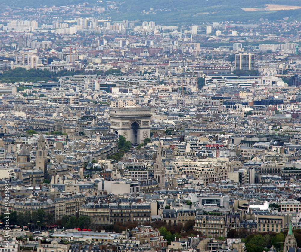 Arc de Triomphe in Paris, France. aerial view