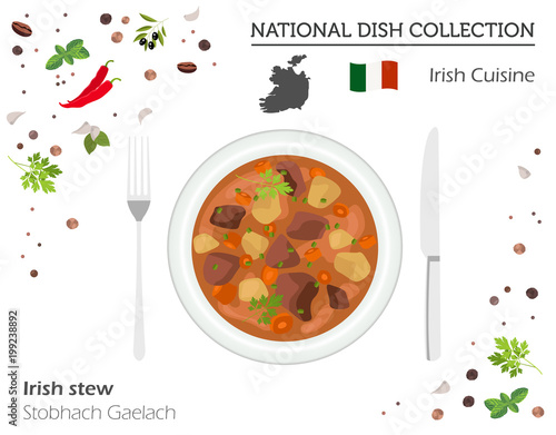Irish Cuisine. European national dish collection. Irish stew  isolated on white, infographic photo