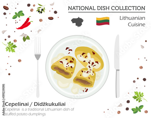 Lithuania Cuisine. European national dish collection. Lithuanian cepelinai, stuffed potato dumpling isolated on white, infographic