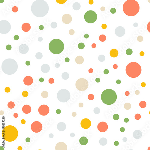 Colorful polka dots seamless pattern on white 5 background. Fetching classic colorful polka dots textile pattern. Seamless scattered confetti fall chaotic decor. Abstract vector illustration.
