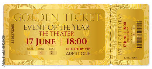 Golden ticket, golden token (tear-off ticket, coupon) with curve pattern. Useful for any festival, party, cinema, event, entertainment show