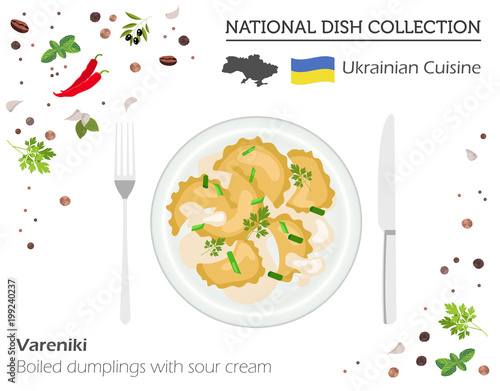 Ukrainian dumplings with sour cream. European national dish collection isolated on white, infographic