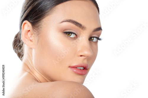 Beauty Woman face Portrait. Beautiful Spa model Girl with Perfect Fresh Clean Skin.