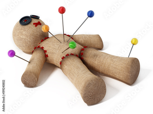 Voodoo doll with needles isolated on white background.