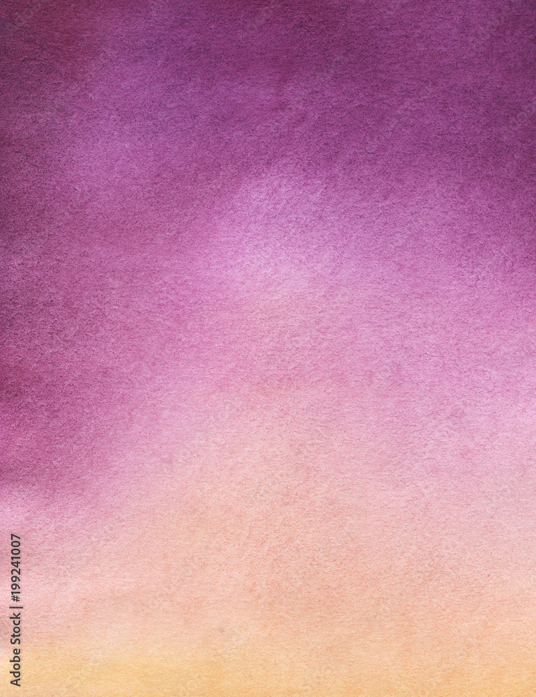 Fototapeta premium Texture of paper, colored in watercolor gradient from deep Lilac to light orange. Real watercolor hand painted background.