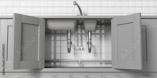 Kitchen cabinets with open doors, stainless steel sink and water tap, under view. White tiled wall backgound. 3d illustration photo