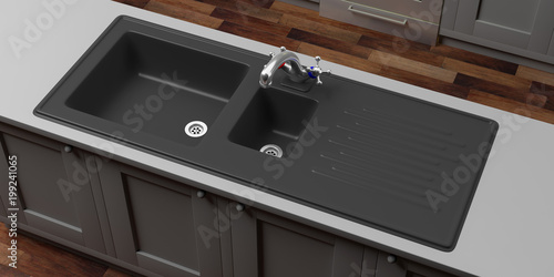 Canvastavla Kitchen cabinets with black sink and water tap, view from above