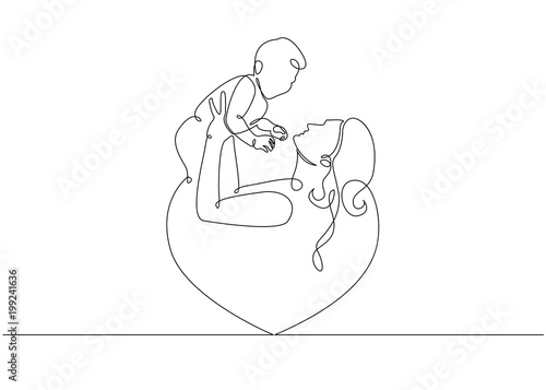 Logo with mother holding her baby with heart shape. Continuous line art vector illustration