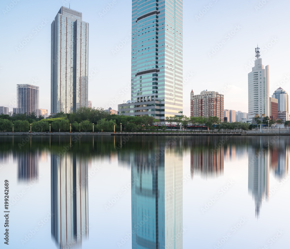 tianjin urban skyline reflection,china.