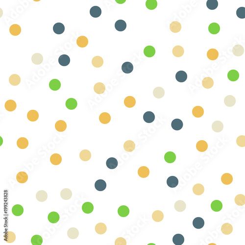 Colorful polka dots seamless pattern on black 13 background. Fascinating classic colorful polka dots textile pattern. Seamless scattered confetti fall chaotic decor. Abstract vector illustration.
