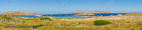 Panoramic view of Delos island, the most big archaeological site of Cyclades archipelago. Greece.