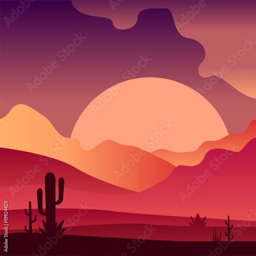 View on sunset in sandy desert landscape with cactus plants. Pink and purple gradients. Vector design for mobile game, travel poster or print © topvectors