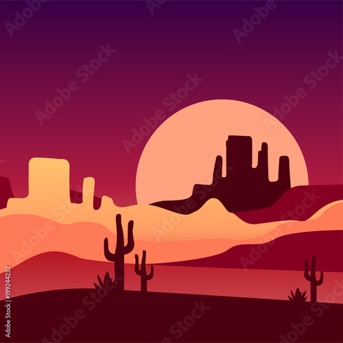 Sandy desert with cacti and rocky mountains. Natural scenery with sunset. Vector design in gradient colors for poster, cover, print