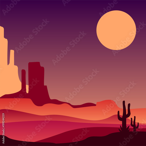 Stony Arizona desert with silhouettes of cacti. Natural scenery of North America. Vector design for poster, print or postcard