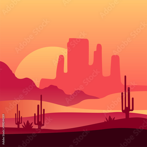 Western desert sunset background. Natural scenery with silhouettes of rocky mountains and cacti. Vector design for greeting card or poster