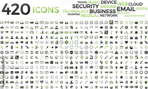 Black and green web business technology icons set