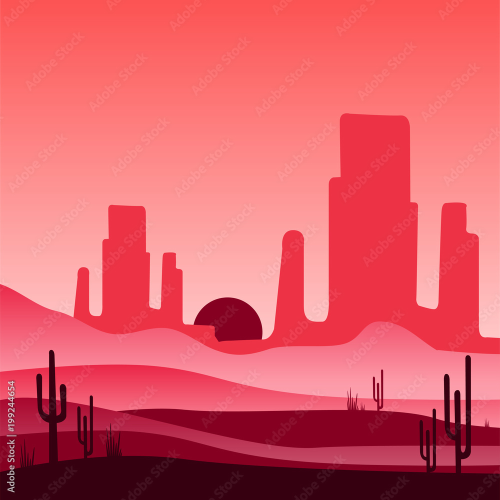 Landscape of wild western desert with rocky mountains and cactus plants. Vector design in gradient colors