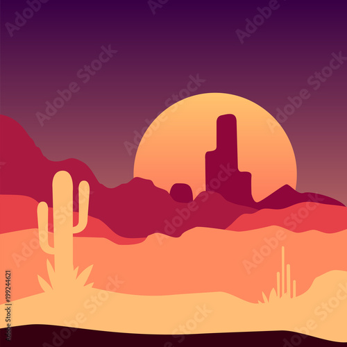 Sunrise in Mexican desert landscape with cactus plants and rocky mountains. Vector design in gradient colors