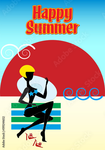 Blond girl with hat on a red and yellow striped beach towel waiting her boyfriend at sunset. Happy summer.