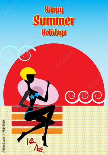 Blond girl with hat on a red and yellow striped beach towel waiting her boyfriend at sunset. Happy summer holidays.