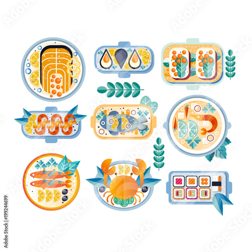 Flat vector set of various seafood dishes. Boiled crab, mussels, shrimps, salmon, tuna, sushi and sandwiches with caviar