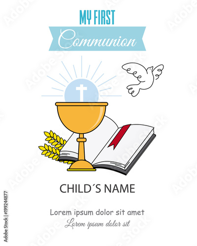 Card my first communion invitation. chalice with bible and dove of peace