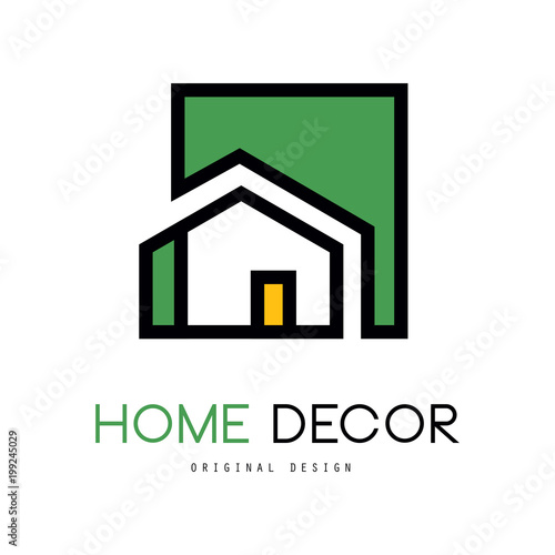Geometric vector logo with abstract building. Original linear emblem for interior design and home decorating company or business
