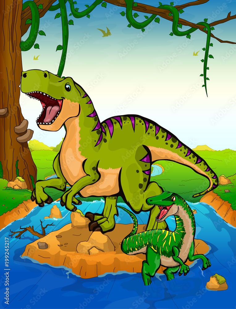 Naklejka Tyranozaur na tle wodospadu.