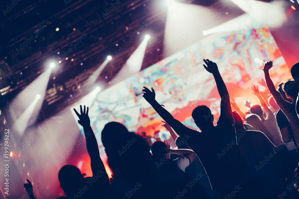 Obraz premium Cheering crowd with hands in air at music festival