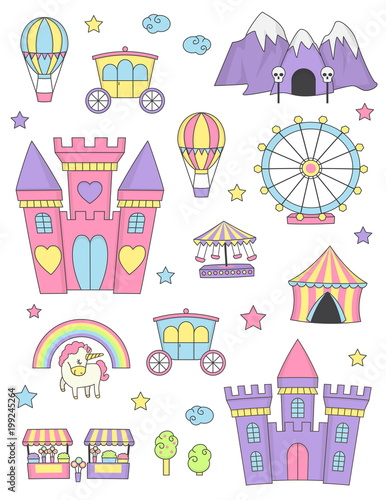 Princess castle isolated design elements.