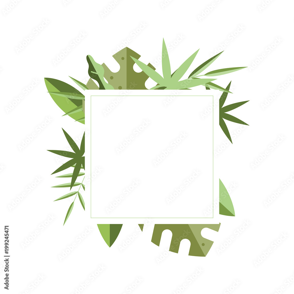 Square frame with place for text and green tropical leaves on background. Botanical theme. Decorative flat vector element for greeting card