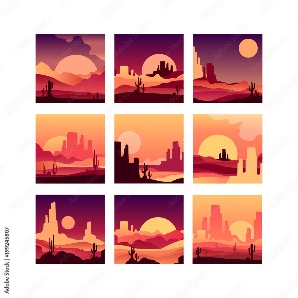 Vector set of cards with sandy desert landscapes with cactus plants ...