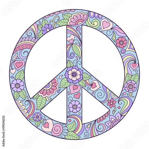 Pacific - bright, colored sign on white background. The symbol of the world is made of flowers. Hippie style. Retro sign of love, peace and pacifism performed hand-made in the style of doodle.