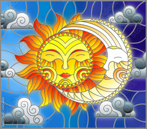 Illustration in stained glass style , abstract sun and moon in the sky with clouds